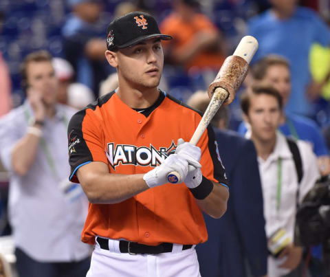 Jul 10, 2017; Miami, FL, USA; National League outfielder Michael Conforto (30) of the New York Mets during batting practice one day before the 2017 MLB All Star Game at Marlins Park. Mandatory Credit: Steve Mitchell-USA TODAY Sports