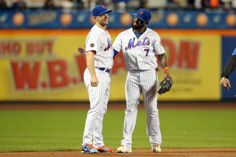 Sep 29, 2018; New York City, NY, USA; New York Mets third baseman David Wright (5) greets New York Mets shortstop Jose Reyes (7) before a game against the Miami Marlins at Citi Field. Mandatory Credit: Brad Penner-USA TODAY Sports