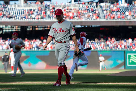 Apr 3, 2019; Washington, DC, USA; Philadelphia Phillies relief pitcher David Robertson (30) walks off the field after walking in the game winning run against the Washington Nationals at Nationals Park. Mandatory Credit: Tommy Gilligan-USA TODAY Sports