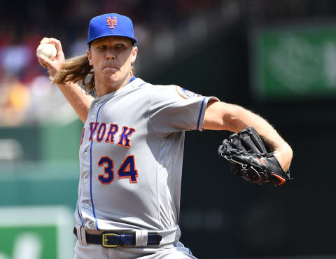 Sep 2, 2019; Washington, DC, USA; New York Mets starting pitcher Noah Syndergaard (34) throws to the Washington Nationals during the first inning at Nationals Park. Mandatory Credit: Brad Mills-USA TODAY Sports