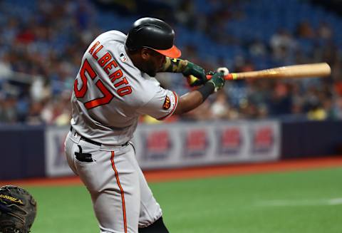 Sep 2, 2019; St. Petersburg, FL, USA; Baltimore Orioles third baseman Hanser Alberto (57) singles during the tenth inning against the Tampa Bay Rays at Tropicana Field. Mandatory Credit: Kim Klement-USA TODAY Sports