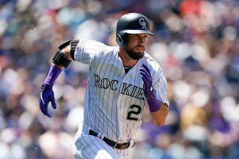 Jul 31, 2019; Denver, CO, USA; Colorado Rockies center fielder David Dahl (26) runs on a double in the fourth inning against the Los Angeles Dodgers at Coors Field. Mandatory Credit: Isaiah J. Downing-USA TODAY Sports