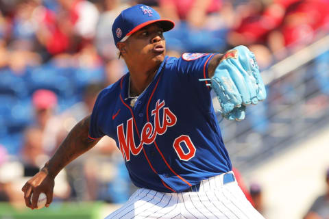 Mar 4, 2020; Port St. Lucie, Florida, USA; New York Mets starting pitcher Marcus Stroman (0) delivers a pitch against the St. Louis Cardinals during the third inning at First Data Field. Mandatory Credit: Sam Navarro-USA TODAY Sports