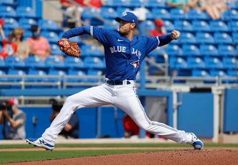 Mar 2, 2021; Dunedin, Florida, USA; Toronto Blue Jays starting pitcher Steven Matz (22) throws a pitch during the second inning against the Philadelphia Phillies at TD Ballpark. Mandatory Credit: Kim Klement-USA TODAY Sports