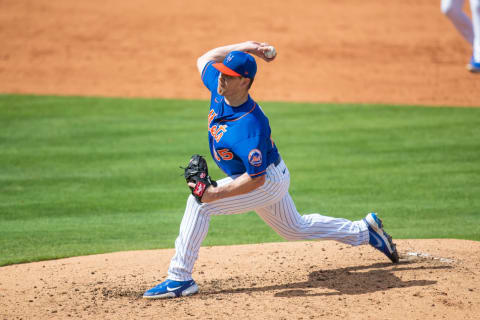 Mar 9, 2021; Port St. Lucie, Florida, USA; New York Mets relief pitcher Trevor May (65) delivers a pitch during the fourth inning of a spring training game between the St. Louis Cardinals and New York Mets at Clover Park. Mandatory Credit: Mary Holt-USA TODAY Sports