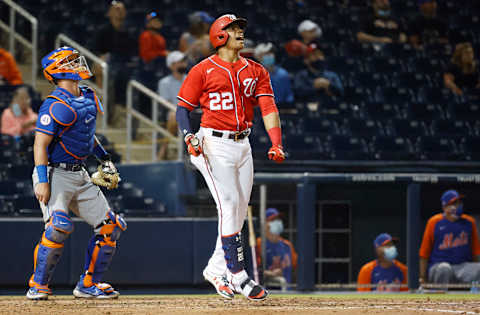 Mar 13, 2021; West Palm Beach, Florida, USA; Washington Nationals outfielder Juan Soto (22) reacts against the New York Mets during the third inning of a spring training game at FITTEAM Ballpark of the Palm Beaches. Mandatory Credit: Rhona Wise-USA TODAY Sports