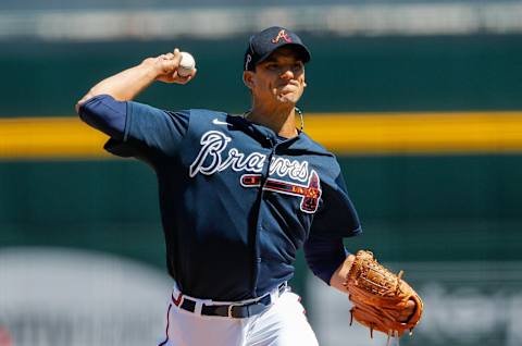 Mar 7, 2021; North Port, Florida, USA; Atlanta Braves starting pitcher Charlie Morton (50) pitches in the third inning during spring training at CoolToday Park. Mandatory Credit: Nathan Ray Seebeck-USA TODAY Sports