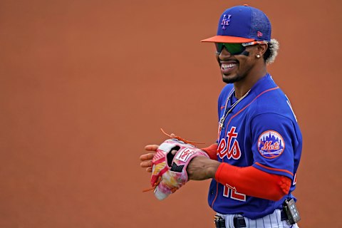 Mar 16, 2021; Port St. Lucie, Florida, USA; New York Mets shortstop Francisco Lindor (12) warms up prior to the spring training game against the Houston Astros at Clover Park. Mandatory Credit: Jasen Vinlove-USA TODAY Sports