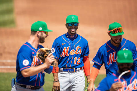 Mar 17, 2021; Jupiter, Florida, USA; New York Mets shortstop Francisco Lindor (12) during a spring training game between the Miami Marlins and the New York Mets at Roger Dean Chevrolet Stadium. Mandatory Credit: Mary Holt-USA TODAY Sports