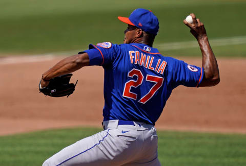 Mar 28, 2021; Jupiter, Florida, USA; New York Mets relief pitcher Jeurys Familia (27) delivers a pitch in the 4th inning of the spring training game against the Miami Marlins at Roger Dean Chevrolet Stadium. Mandatory Credit: Jasen Vinlove-USA TODAY Sports