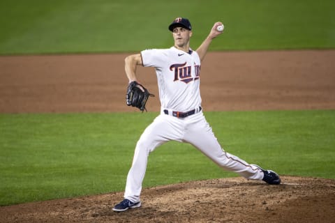 May 18, 2021; Minneapolis, Minnesota, USA; Minnesota Twins relief pitcher Taylor Rogers (55) delivers a pitch in the ninth inning abasing the Chicago White Sox at Target Field. Mandatory Credit: Jesse Johnson-USA TODAY Sports