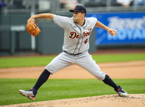 May 22, 2021; Kansas City, Missouri, USA; Detroit Tigers starting pitcher Matthew Boyd (48) pitches against the Kansas City Royals during the first inning at Kauffman Stadium. Mandatory Credit: Jay Biggerstaff-USA TODAY Sports