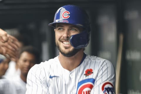 May 31, 2021; Chicago, Illinois, USA; Chicago Cubs third baseman Kris Bryant (17) smiles after hitting a two-run home run against the San Diego Padres during the fifth inning at Wrigley Field. Mandatory Credit: Kamil Krzaczynski-USA TODAY Sports