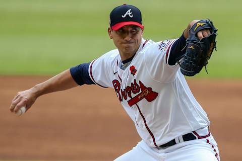 May 31, 2021; Atlanta, Georgia, USA; Atlanta Braves starting pitcher Charlie Morton (50) throws against the Washington Nationals in the first inning at Truist Park. Mandatory Credit: Brett Davis-USA TODAY Sports