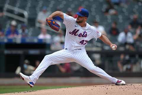 Jun 13, 2021; New York City, New York, USA; New York Mets starting pitcher Joey Lucchesi (47) pitches against the San Diego Padres during the first inning at Citi Field. Mandatory Credit: Brad Penner-USA TODAY Sports