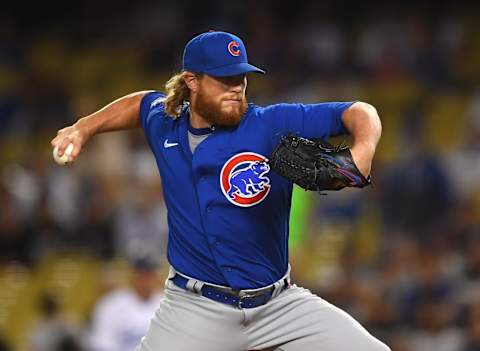 Jun 24, 2021; Los Angeles, California, USA; Chicago Cubs relief pitcher Craig Kimbrel (46) pitches a scoreless ninth inning to complete a combined no hitter in the game against the Los Angeles Dodgers at Dodger Stadium. Mandatory Credit: Jayne Kamin-Oncea-USA TODAY Sports