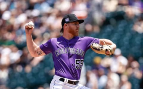 Jun 30, 2021; Denver, Colorado, USA; Colorado Rockies starting pitcher Jon Gray (55) pitches in the first inning against the Pittsburgh Pirates at Coors Field. Mandatory Credit: Isaiah J. Downing-USA TODAY Sports