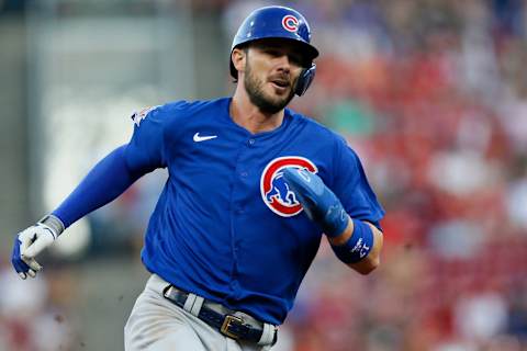 Chicago Cubs third baseman Kris Bryant (17) rounds third to score on an RBI double off the bat of right fielder Jason Heyward (22) in the fourth inning of the MLB National League game between the Cincinnati Reds and the Chicago Cubs at Great American Ball Park in downtown Cincinnati on Friday, July 2, 2021. The Cubs led 1-0 after five innings.Chicago Cubs At Cincinnati Reds