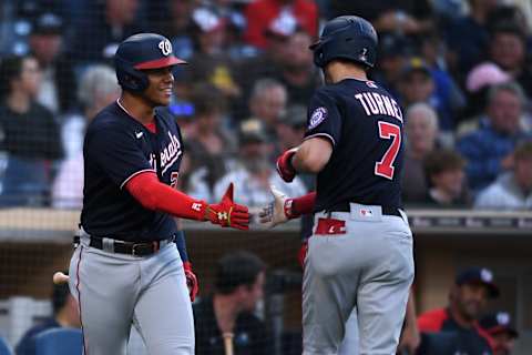 Jul 5, 2021; San Diego, California, USA; Washington Nationals shortstop Trea Turner (7) is congratulated by right fielder Juan Soto (left) after hitting a home run against the San Diego Padres during the first inning at Petco Park. Mandatory Credit: Orlando Ramirez-USA TODAY Sports