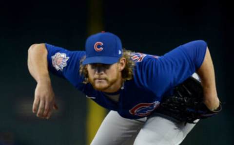 Jul 16, 2021; Phoenix, Arizona, USA; Chicago Cubs relief pitcher Craig Kimbrel (46) pitches against the Arizona Diamondbacks during the ninth inning at Chase Field. Mandatory Credit: Joe Camporeale-USA TODAY Sports