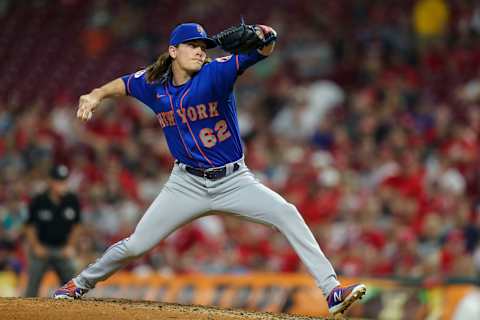 Jul 20, 2021; Cincinnati, Ohio, USA; New York Mets relief pitcher Drew Smith (62) throws a pitch against the Cincinnati Reds in the eighth inning at Great American Ball Park. Mandatory Credit: Katie Stratman-USA TODAY Sports