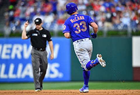 Aug 7, 2021; Philadelphia, Pennsylvania, USA; New York Mets catcher James McCann (33) rounds the bases after hitting a solo home run in the ninth inning against the Philadelphia Phillies at Citizens Bank Park. Mandatory Credit: Kyle Ross-USA TODAY Sports