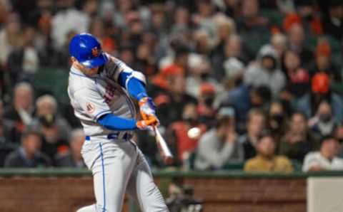 Aug 17, 2021; San Francisco, California, USA; New York Mets first baseman Pete Alonso (20) hits a two run home run during the eighth inning against the San Francisco Giants at Oracle Park. Mandatory Credit: Neville E. Guard-USA TODAY Sports