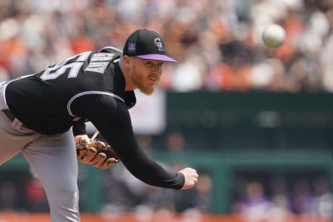 Aug 15, 2021; San Francisco, California, USA; Colorado Rockies starting pitcher Jon Gray (55) throws a pitch during the third inning against the San Francisco Giants at Oracle Park. Mandatory Credit: Darren Yamashita-USA TODAY Sports