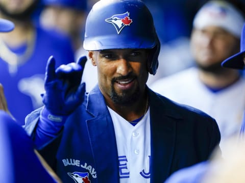 Sep 1, 2021; Toronto, Ontario, CAN; Toronto Blue Jays shortstop Marcus Semien (10) wears the home run jacket after hitting a home run against the Baltimore Orioles during the first inning at Rogers Centre. Mandatory Credit: Kevin Sousa-USA TODAY Sports