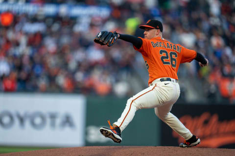 Sep 3, 2021; San Francisco, California, USA; San Francisco Giants starting pitcher Anthony DeSclafani (26) delivers a pitch during the first inning against the Los Angeles Dodgers at Oracle Park. Mandatory Credit: Neville E. Guard-USA TODAY Sports