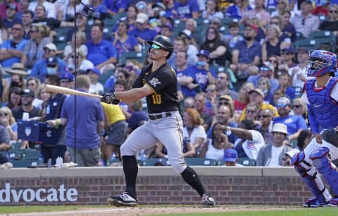 Sep 5, 2021; Chicago, Illinois, USA; Pittsburgh Pirates center fielder Bryan Reynolds (10) hits a grand slam home run against the Chicago Cubs during the third inning at Wrigley Field. Mandatory Credit: David Banks-USA TODAY Sports