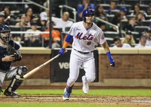 Sep 12, 2021; New York City, New York, USA; New York Mets left fielder Jeff McNeil (6) hits a double in the fifth inning against the New York Yankees at Citi Field. Mandatory Credit: Wendell Cruz-USA TODAY Sports