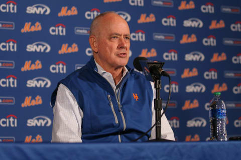 Sep 29, 2021; New York City, New York, USA; New York Mets team president Sandy Alderson speaks to the media before a game against the Miami Marlins at Citi Field. Mandatory Credit: Brad Penner-USA TODAY Sports