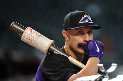 Apr 29, 2015; Phoenix, AZ, USA; Colorado Rockies shortstop Troy Tulowitzki (2) looks on during the first inning against the Arizona Diamondbacks at Chase Field. Mandatory Credit: Matt Kartozian-USA TODAY Sports