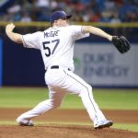 Jul 24, 2015; St. Petersburg, FL, USA; Tampa Bay Rays relief pitcher Jake McGee (57) throws a pitch during the ninth inning against the Baltimore Orioles at Tropicana Field. Tampa Bay Rays defeated the Baltimore Orioles 3-1. Mandatory Credit: Kim Klement-USA TODAY Sports