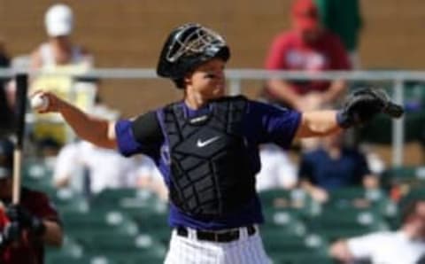 Mar 2, 2016; Salt River Pima-Maricopa, AZ, USA; Colorado Rockies catcher Nick Hundley (4) in the first inning during a spring training game against the Arizona Diamondbacks at Salt River Fields at Talking Stick. Mandatory Credit: Rick Scuteri-USA TODAY Sports