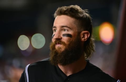 Apr 5, 2016; Phoenix, AZ, USA; Colorado Rockies center fielder Charlie Blackmon (19) watches the game against the Arizona Diamondbacks from the dugout at Chase Field. Mandatory Credit: Jennifer Stewart-USA TODAY Sports