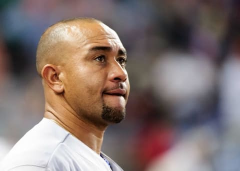 May 4, 2014; Miami, FL, USA; Los Angeles Dodgers catcher Miguel Olivo (30) looks on from the dugout during a game against the Miami Marlins at Marlins Ballpark. Mandatory Credit: Steve Mitchell-USA TODAY Sports