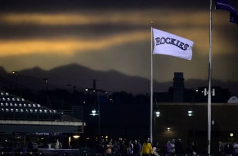 Jun 24, 2015; Denver, CO, USA; General view of a Colorado Rockies banner during a sunset over Coors Field in the fourth inning against the Arizona Diamondbacks at Coors Field. Mandatory Credit: Ron Chenoy-USA TODAY Sports