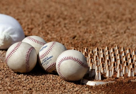 Feb 19, 2016; Kissimmee, FL, USA; A stack of baseballs sit on the pitching mound at Osceola County Stadium. Mandatory Credit: Jonathan Dyer-USA TODAY Sports