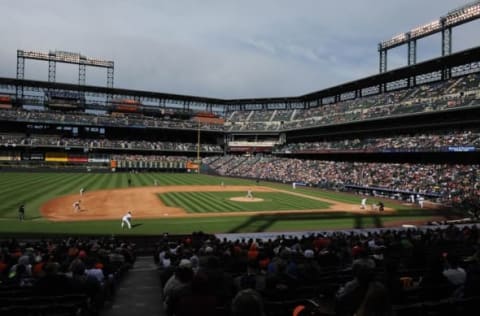 May 23, 2015; Denver, CO, USA; General wide view of Coors Field during the third inning of the game between the San Francisco Giants against the Colorado Rockies. Mandatory Credit: Ron Chenoy-USA TODAY Sports