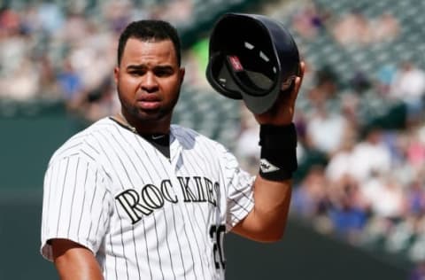 Jun 25, 2015; Denver, CO, USA; Colorado Rockies first baseman Wilin Rosario (20) in the eighth inning against the Arizona Diamondbacks at Coors Field. The Rockies defeated the Diamondbacks 6-4. Mandatory Credit: Isaiah J. Downing-USA TODAY Sports