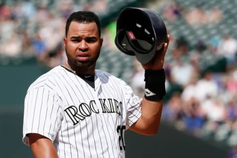 Jun 25, 2015; Denver, CO, USA; Colorado Rockies first baseman Wilin Rosario (20) in the eighth inning against the Arizona Diamondbacks at Coors Field. The Rockies defeated the Diamondbacks 6-4. Mandatory Credit: Isaiah J. Downing-USA TODAY Sports