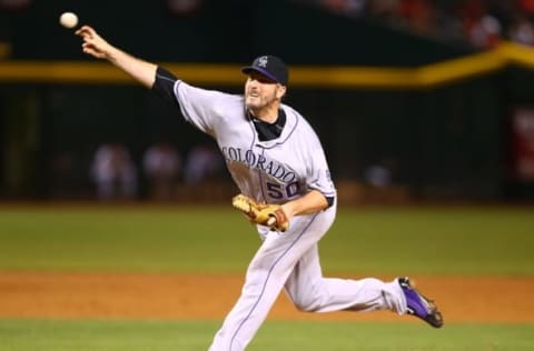 Apr 4, 2016; Phoenix, AZ, USA; Colorado Rockies pitcher Chad Qualls against the Arizona Diamondbacks during Opening Day at Chase Field. Mandatory Credit: Mark J. Rebilas-USA TODAY Sports