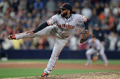 May 18, 2016; San Diego, CA, USA; San Francisco Giants starting pitcher Johnny Cueto (47) pitches during the ninth inning against the San Diego Padres at Petco Park. Mandatory Credit: Jake Roth-USA TODAY Sports