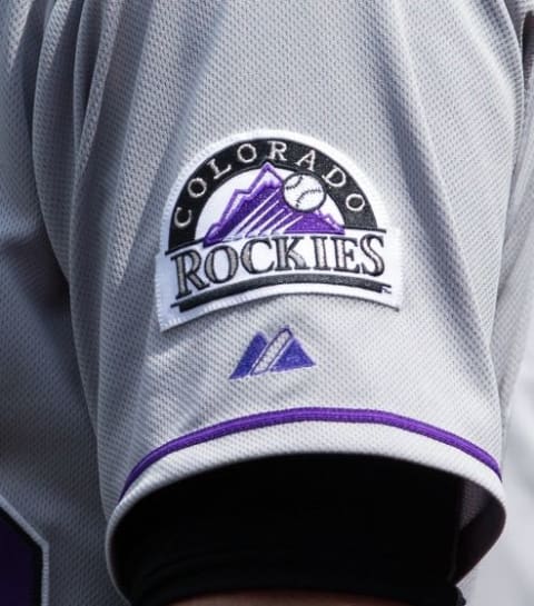 May 30, 2015; Philadelphia, PA, USA; The Colorado Rockies logo on a players jersey in a game against the Philadelphia Phillies at Citizens Bank Park. Mandatory Credit: Bill Streicher-USA TODAY Sports