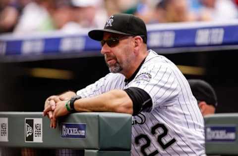 May 29, 2016; Denver, CO, USA; Colorado Rockies manager Walt Weiss (22) looks on in the first inning against the San Francisco Giants at Coors Field. Mandatory Credit: Isaiah J. Downing-USA TODAY Sports