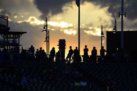 Jun 1, 2016; Denver, CO, USA; General view of the sun setting behind Coors Field during the fifth inning of the game between the Cincinnati Reds against the Colorado Rockies The Reds defeated the Rockies 7-2. Mandatory Credit: Ron Chenoy-USA TODAY Sports