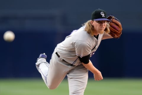 Jun 5, 2016; San Diego, CA, USA; Colorado Rockies starting pitcher Jon Gray (55) pitches against the San Diego Padres during the first inning at Petco Park. Mandatory Credit: Jake Roth-USA TODAY Sports