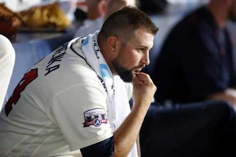 Jul 16, 2016; Atlanta, GA, USA; Atlanta Braves relief pitcher Hunter Cervenka (54) on the bench after being removed from a game against the Colorado Rockies in the eighth inning at Turner Field. Mandatory Credit: Brett Davis-USA TODAY Sports